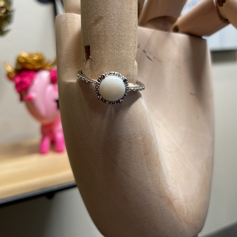 Opal ring with cubic zirconia halo dainty romantic modern